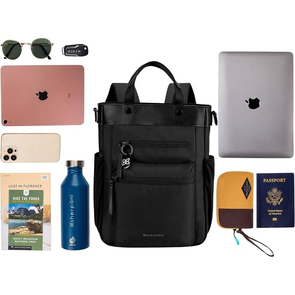 Sherpani Tote Backpack Convertible Black Nylon Leather Trim Versatile - Picture 9 of 14